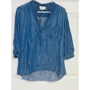 Anthropologie Elevenses Small Chambray High Low Hem 3/4 Sleeve Tunic Top